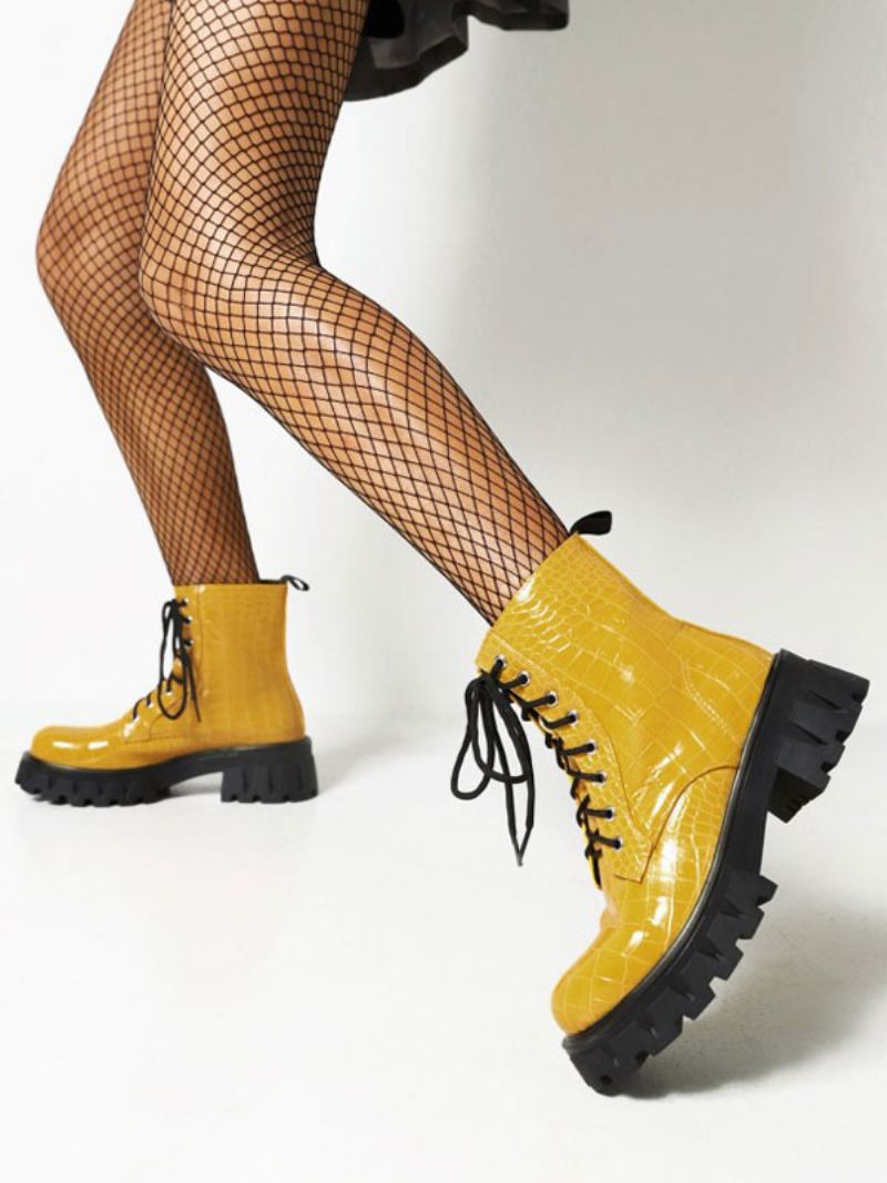 Botas Femininas Couro Pu Com Bico Redondo E Salto Grosso - Amarelo