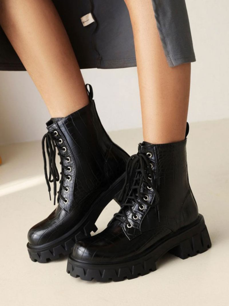 Botas Femininas Couro Pu Com Bico Redondo E Salto Grosso - Preto