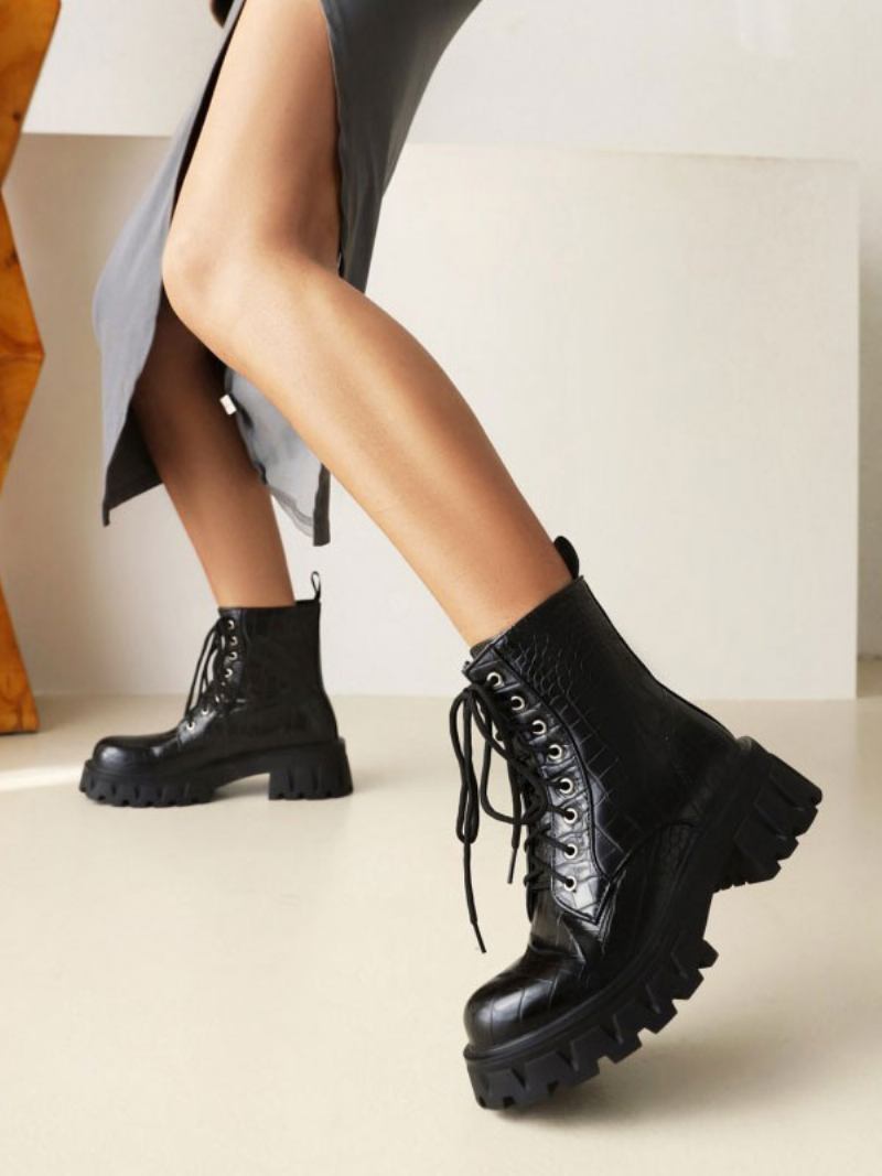 Botas Femininas Couro Pu Com Bico Redondo E Salto Grosso - Preto