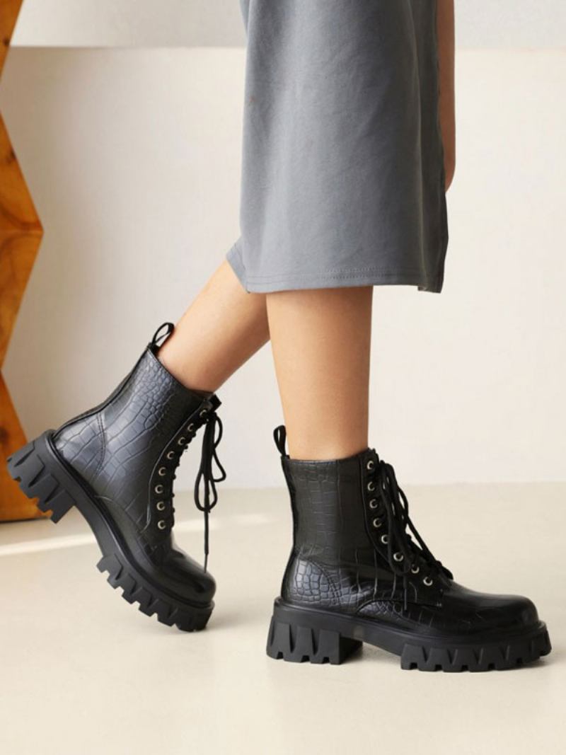 Botas Femininas Couro Pu Com Bico Redondo E Salto Grosso - Preto