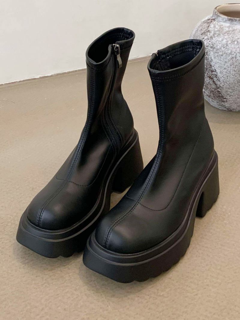 Botas Femininas Couro Pu Com Bico Redondo E Salto Grosso