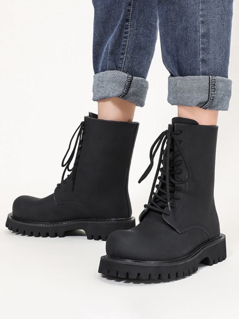 Botas Femininas Couro Pu Com Bico Redondo E Salto Grosso