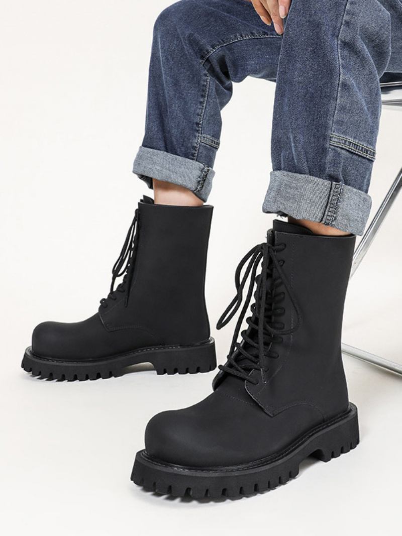 Botas Femininas Couro Pu Com Bico Redondo E Salto Grosso - Preto