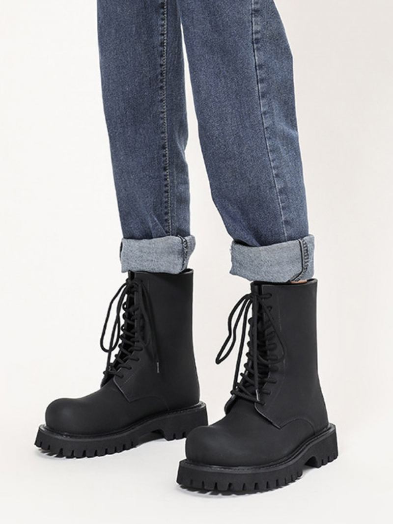 Botas Femininas Couro Pu Com Bico Redondo E Salto Grosso - Preto