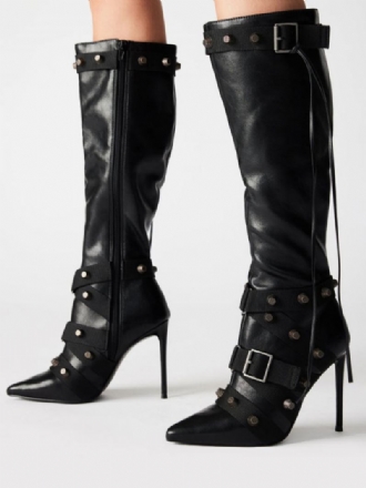 Botas Femininas Couro Pu Com Detalhes Metal E Salto Cônico Pontiagudo