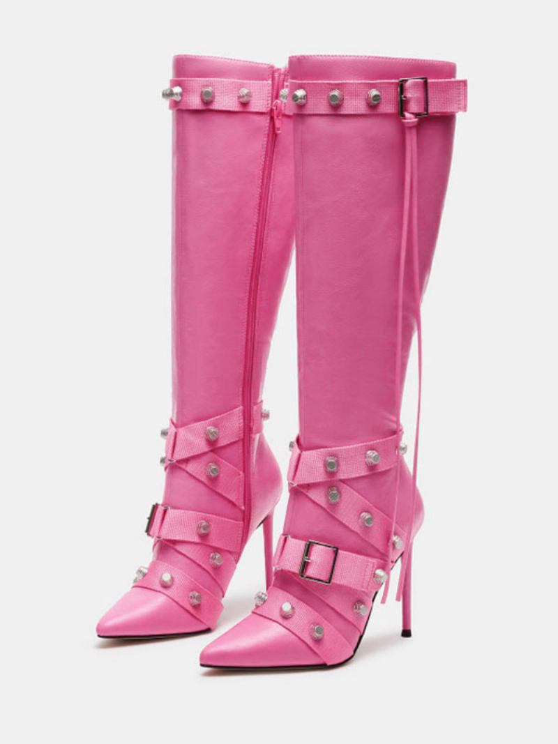 Botas Femininas Couro Pu Com Detalhes Metal E Salto Cônico Pontiagudo - Rosa