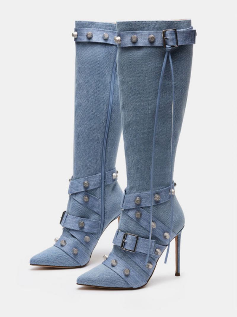 Botas Femininas Couro Pu Com Detalhes Metal E Salto Cônico Pontiagudo - Azul Céu Claro