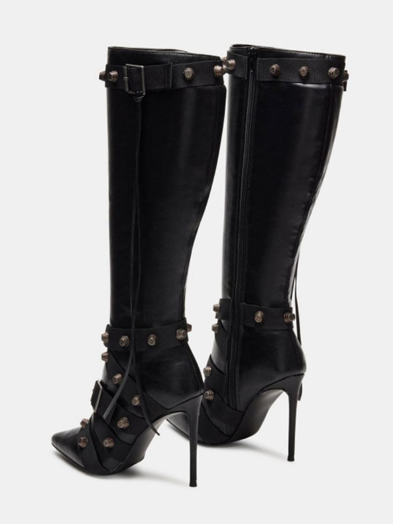 Botas Femininas Couro Pu Com Detalhes Metal E Salto Cônico Pontiagudo - Preto