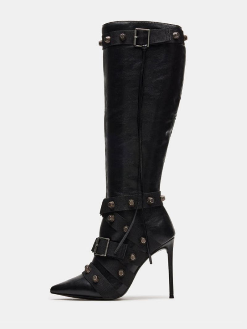 Botas Femininas Couro Pu Com Detalhes Metal E Salto Cônico Pontiagudo - Preto