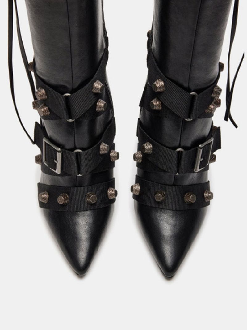 Botas Femininas Couro Pu Com Detalhes Metal E Salto Cônico Pontiagudo - Preto