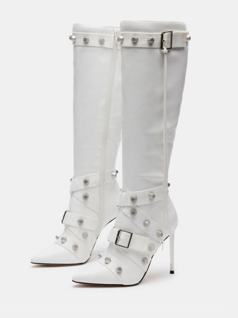 Botas Femininas Couro Pu Com Detalhes Metal E Salto Cônico Pontiagudo - Branco