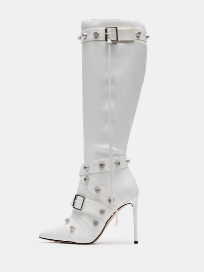 Botas Femininas Couro Pu Com Detalhes Metal E Salto Cônico Pontiagudo - Branco