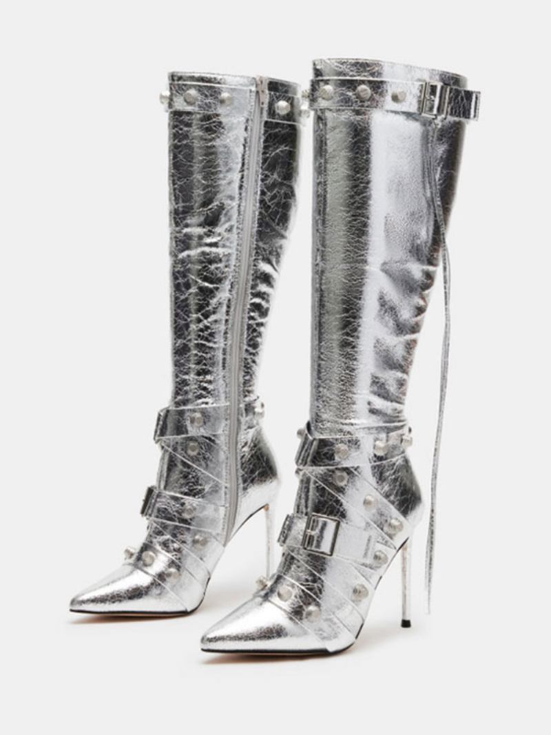 Botas Femininas Couro Pu Com Detalhes Metal E Salto Cônico Pontiagudo - Prata