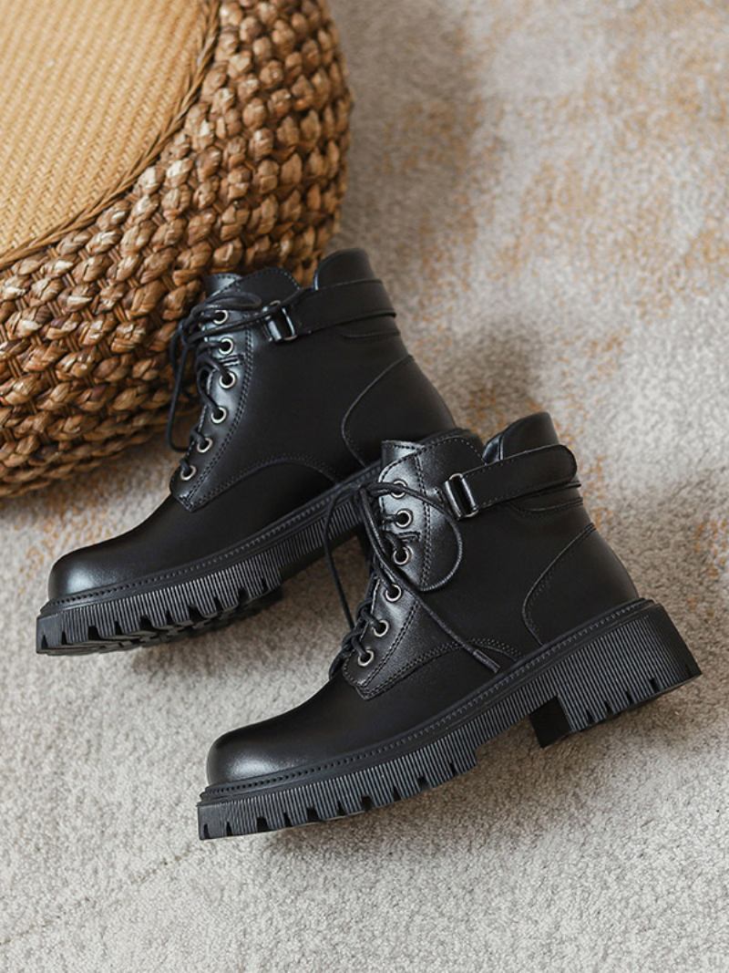 Botas Femininas Couro Pu Com Fivela Redonda E Salto Cachorrinho - Preto