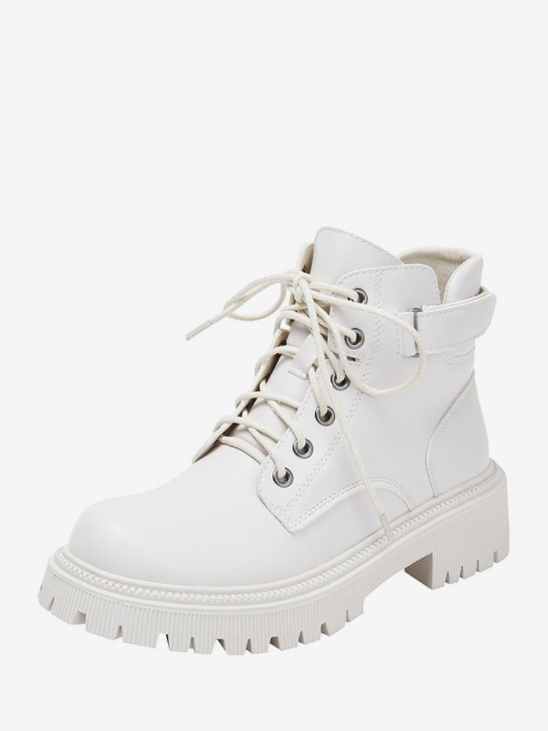 Botas Femininas Couro Pu Com Fivela Redonda E Salto Cachorrinho - Branco