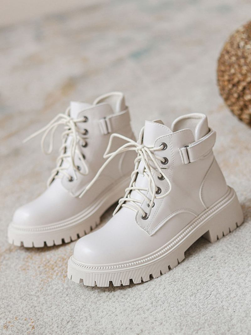 Botas Femininas Couro Pu Com Fivela Redonda E Salto Cachorrinho - Branco