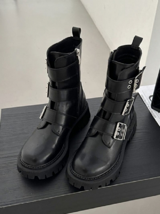 Botas Femininas Couro Pu Com Fivela Redonda E Salto Grosso