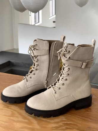 Botas Femininas Couro Pu Com Fivela Redonda E Salto Grosso