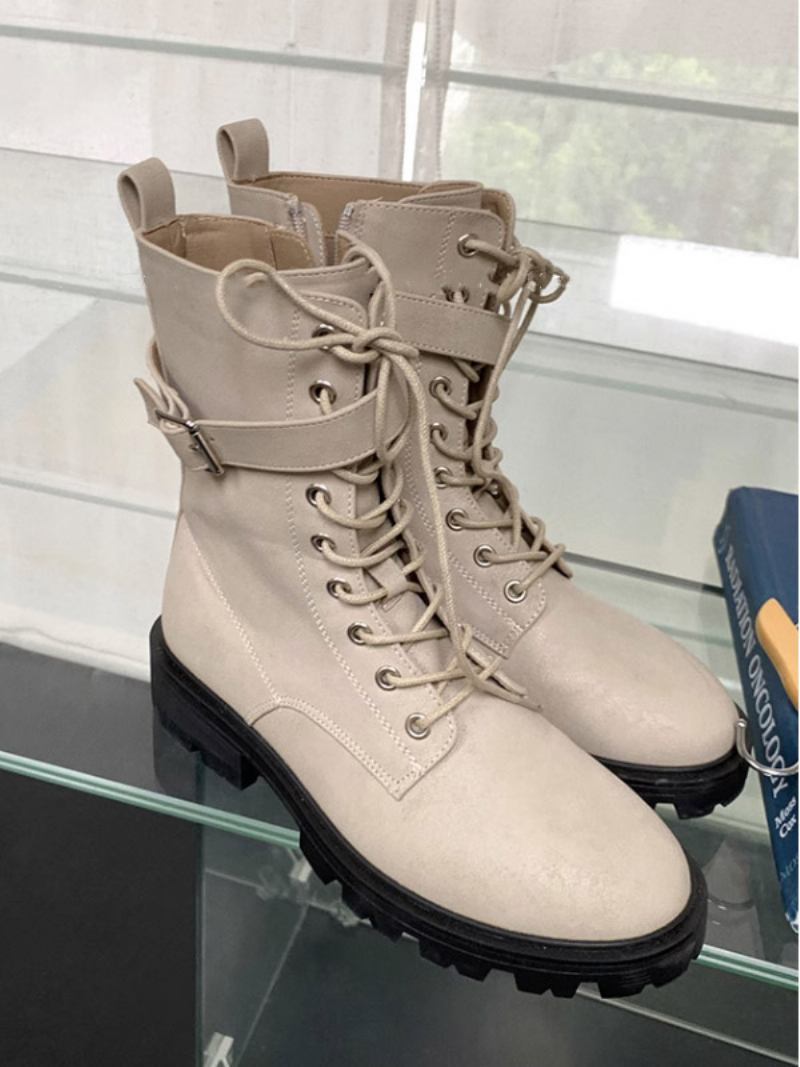 Botas Femininas Couro Pu Com Fivela Redonda E Salto Grosso - Amarelo Claro