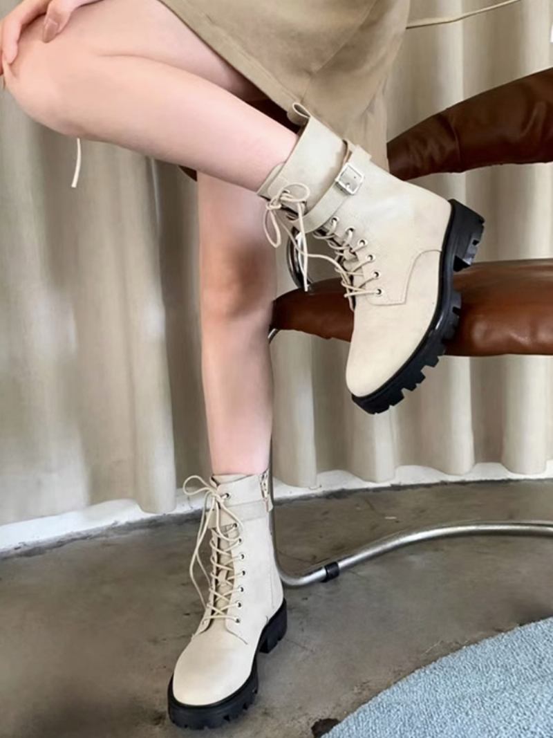 Botas Femininas Couro Pu Com Fivela Redonda E Salto Grosso - Amarelo Claro