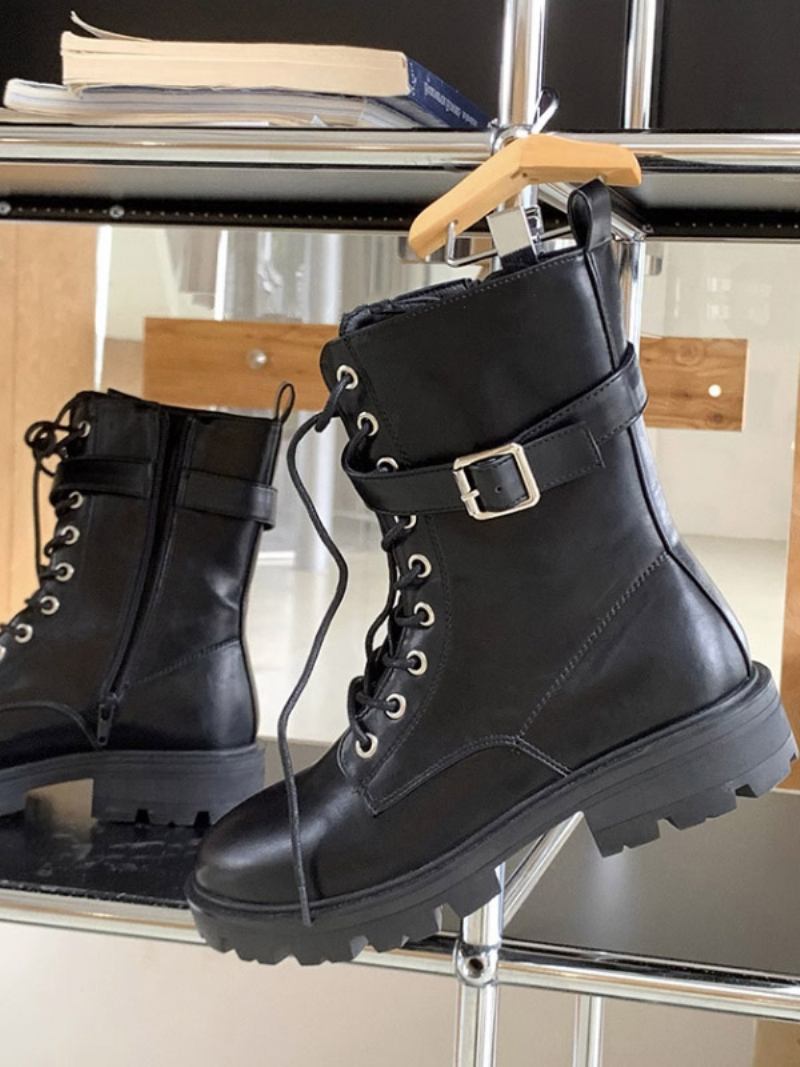 Botas Femininas Couro Pu Com Fivela Redonda E Salto Grosso - Preto