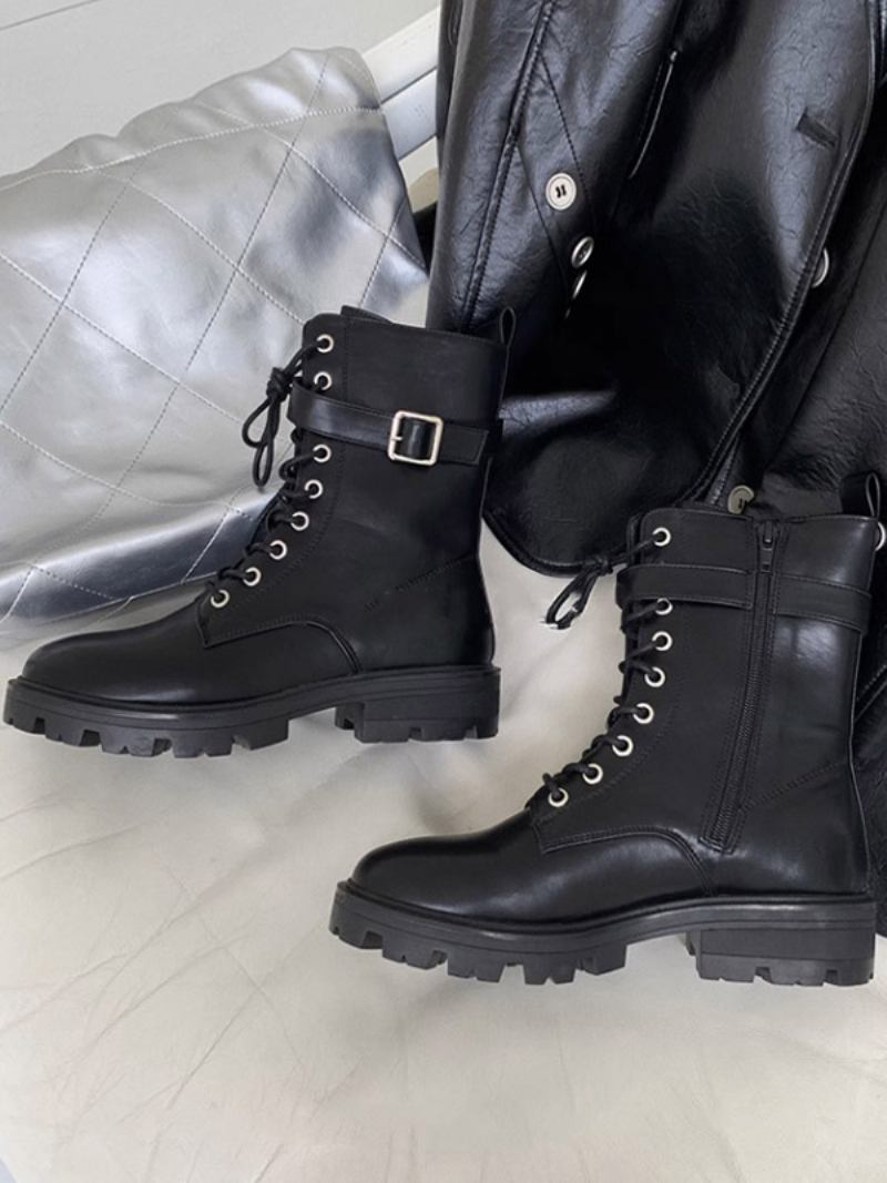 Botas Femininas Couro Pu Com Fivela Redonda E Salto Grosso - Preto