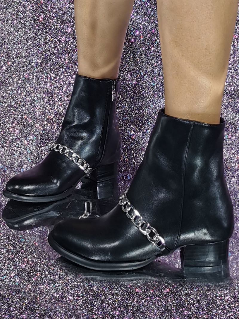 Botas Femininas Couro Pu Com Lantejoulas E Salto Redondo