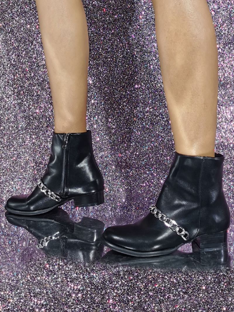 Botas Femininas Couro Pu Com Lantejoulas E Salto Redondo - Preto