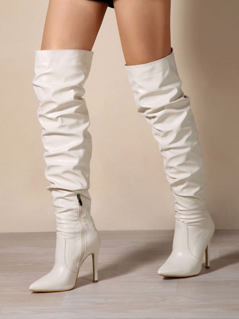 Botas Femininas Couro Pu Com Salto Agulha Até O Joelho - Branco