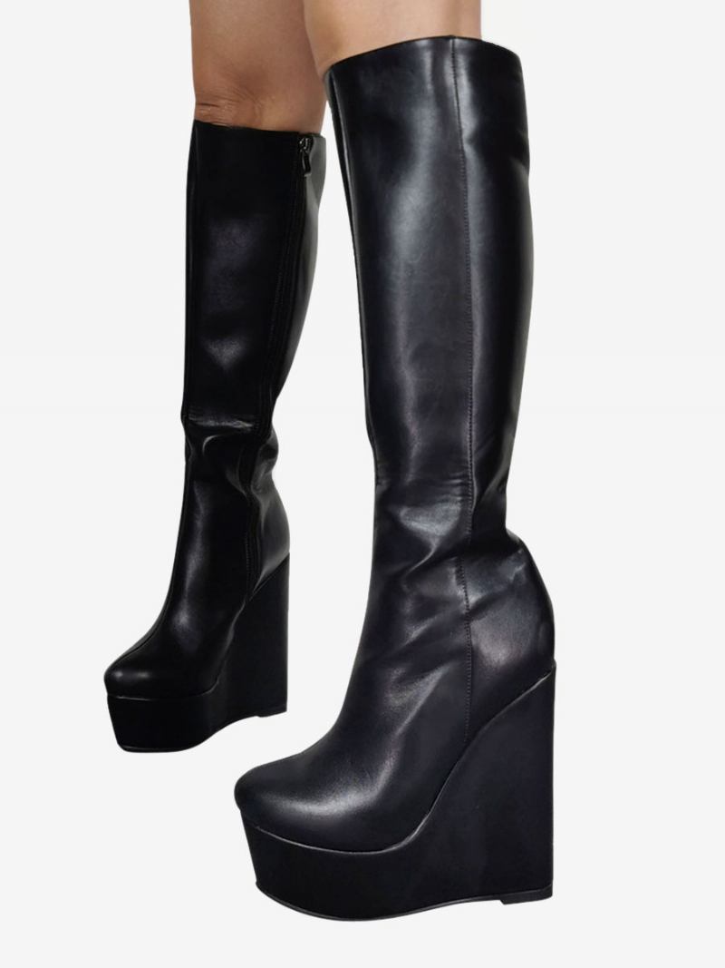 Botas Femininas Couro Pu Com Salto Cunha E Cano Alto - Preto