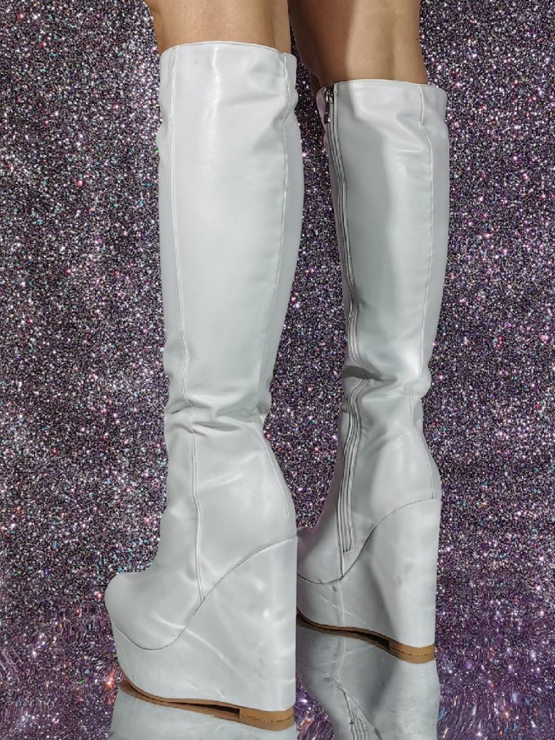 Botas Femininas Couro Pu Com Salto Cunha E Cano Alto - Branco