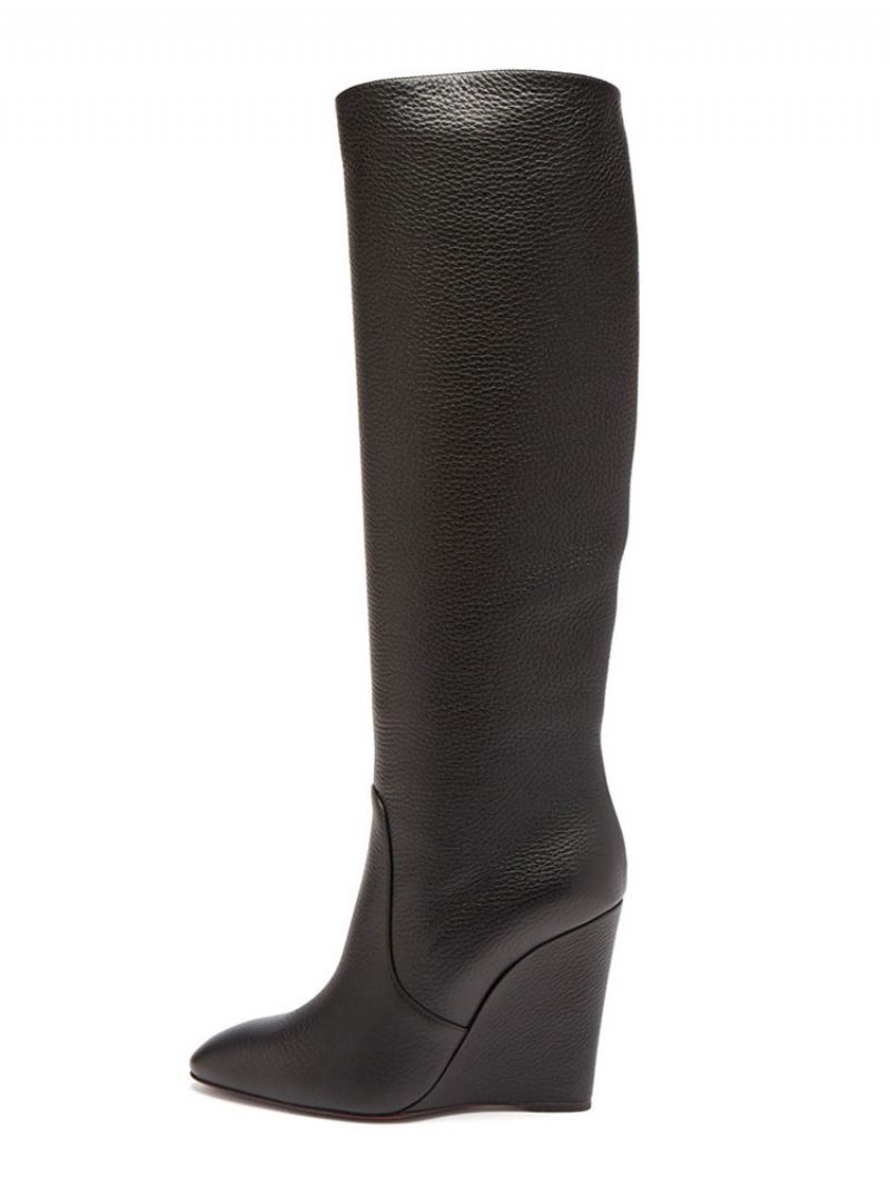 Botas Femininas Couro Pu Com Salto Cunha E Cano Alto