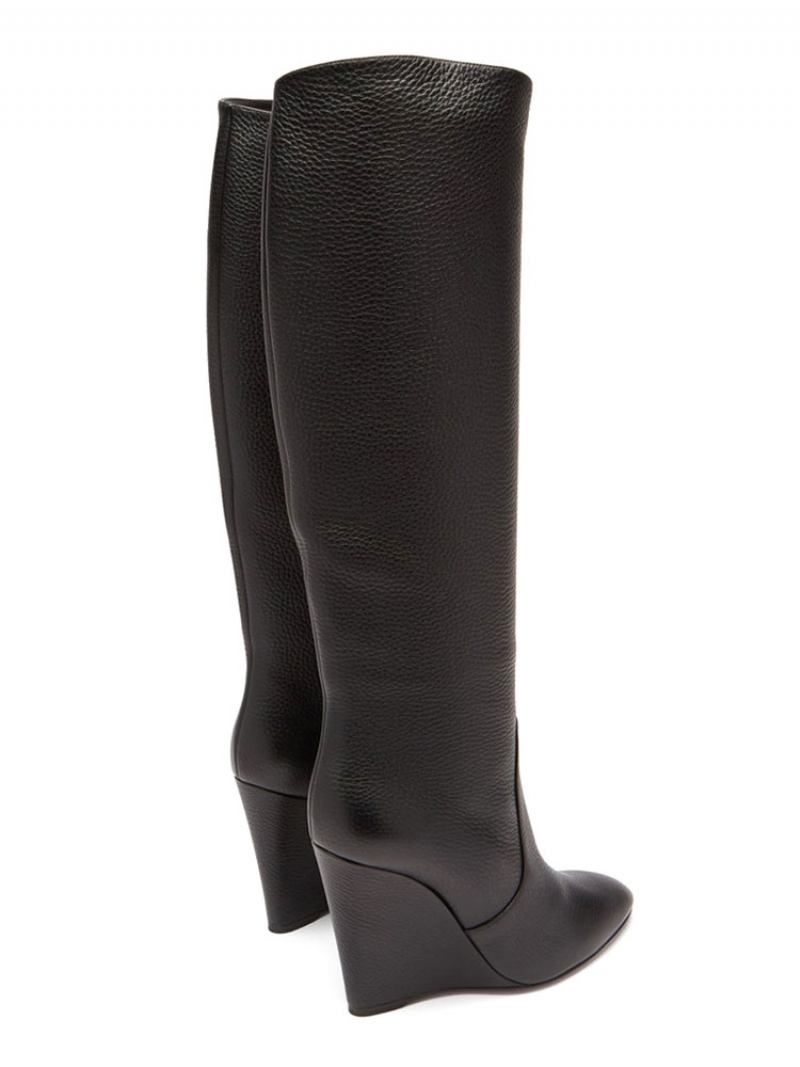 Botas Femininas Couro Pu Com Salto Cunha E Cano Alto - Preto