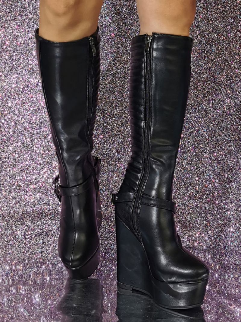 Botas Femininas Couro Pu Com Salto Cunha E Cano Alto - Preto