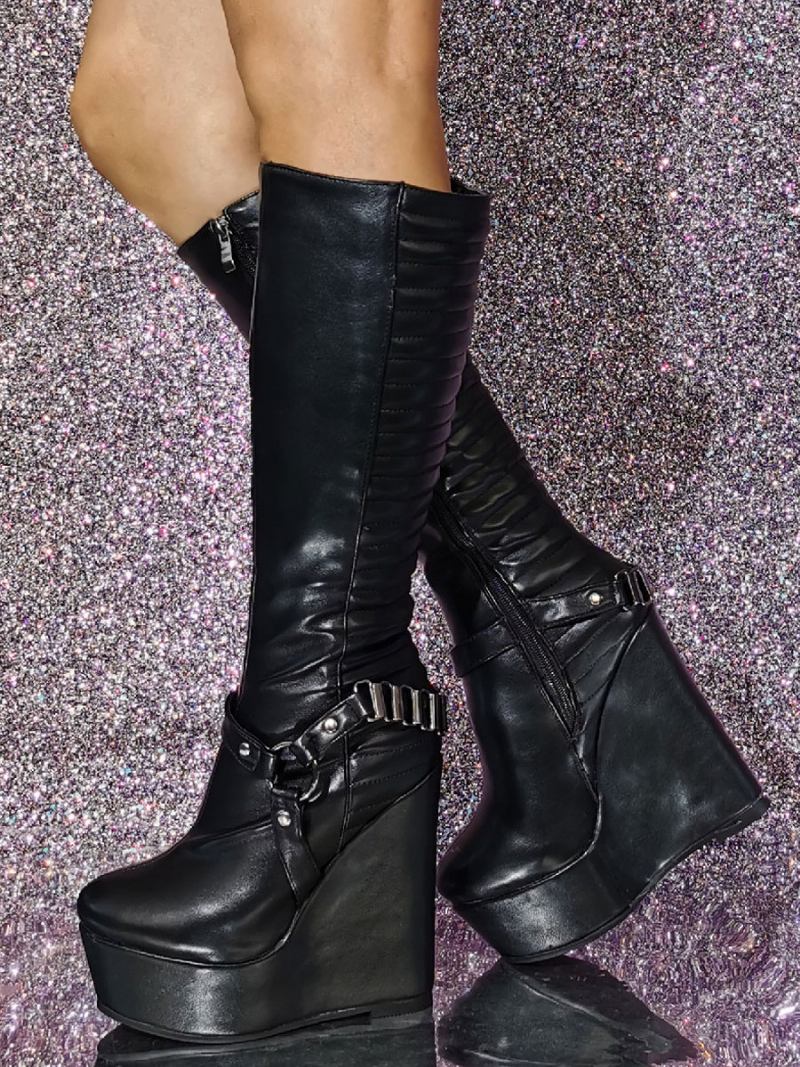 Botas Femininas Couro Pu Com Salto Cunha E Cano Alto - Preto