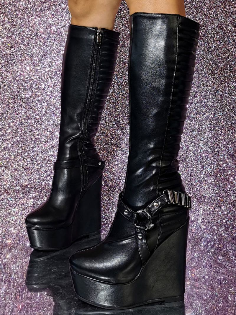 Botas Femininas Couro Pu Com Salto Cunha E Cano Alto - Preto