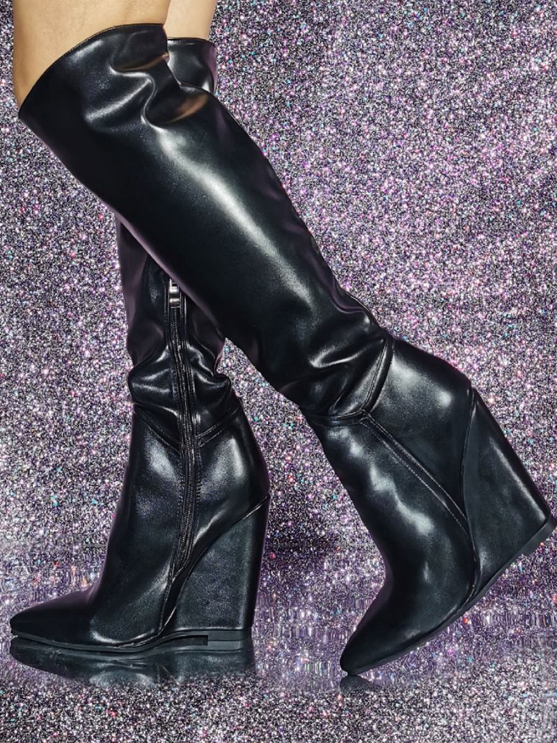 Botas Femininas Couro Pu Com Salto Cunha E Cano Alto - Preto