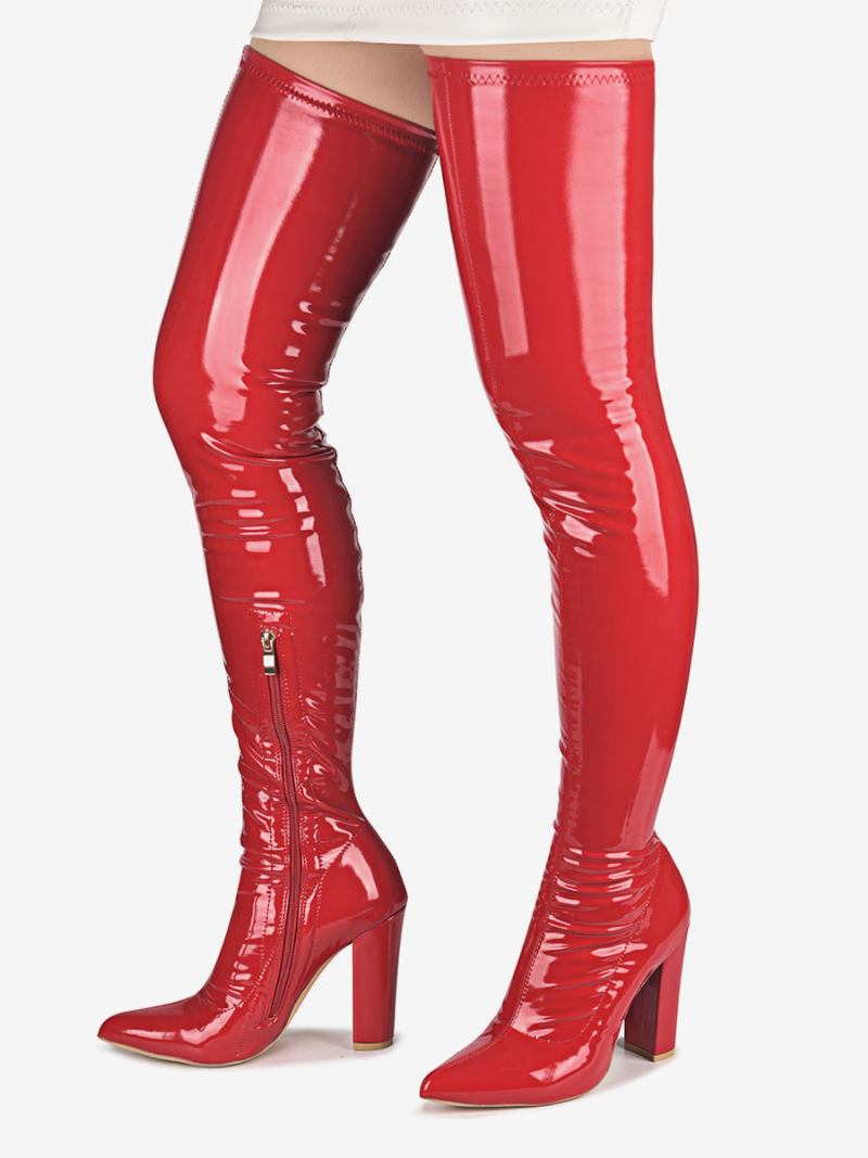 Botas Femininas Couro Pu Com Salto Grosso E Cano Alto - Vermelho