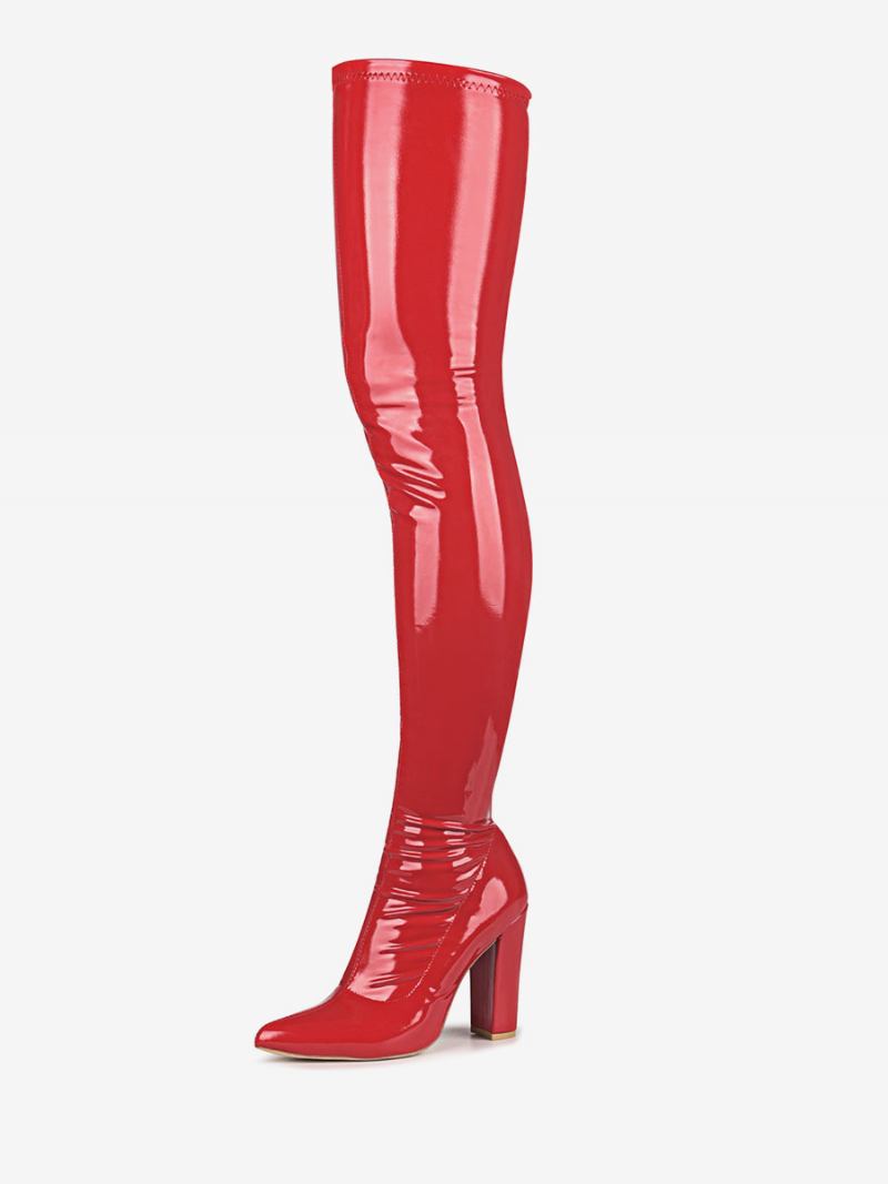 Botas Femininas Couro Pu Com Salto Grosso E Cano Alto - Vermelho