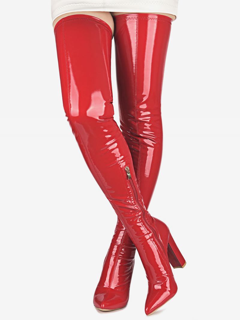 Botas Femininas Couro Pu Com Salto Grosso E Cano Alto - Vermelho