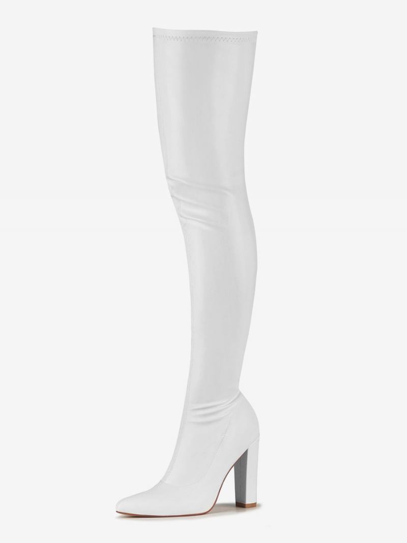 Botas Femininas Couro Pu Com Salto Grosso E Cano Alto - Branco