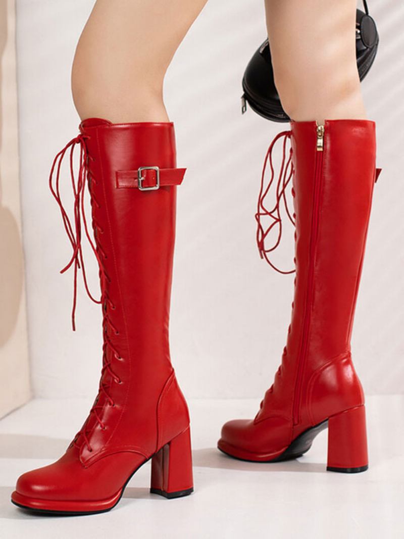 Botas Femininas Couro Pu Com Salto Grosso E Cano Alto