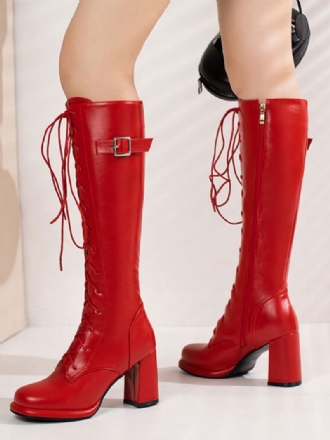 Botas Femininas Couro Pu Com Salto Grosso E Cano Alto