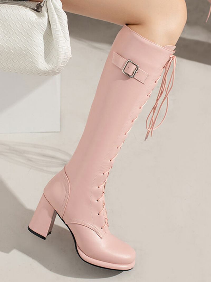 Botas Femininas Couro Pu Com Salto Grosso E Cano Alto - Rosa