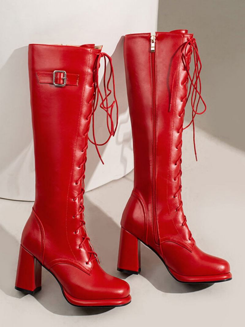 Botas Femininas Couro Pu Com Salto Grosso E Cano Alto - Vermelho