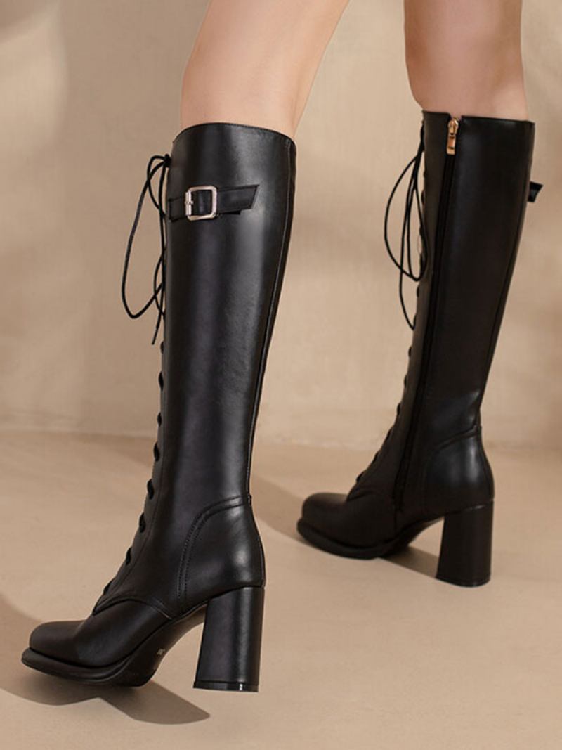 Botas Femininas Couro Pu Com Salto Grosso E Cano Alto - Preto