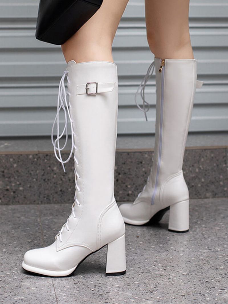 Botas Femininas Couro Pu Com Salto Grosso E Cano Alto - Branco