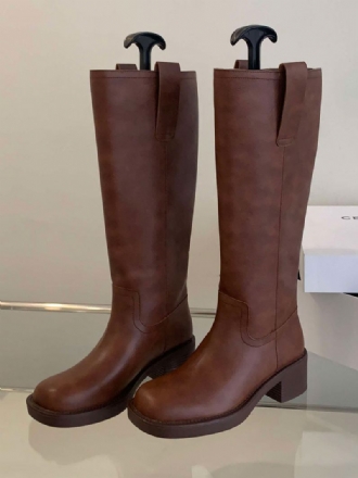 Botas Femininas Couro Pu Com Salto Grosso E Cano Alto