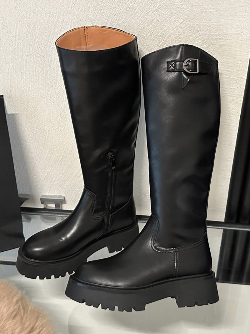 Botas Femininas Couro Pu Com Salto Grosso E Cano Alto - Preto