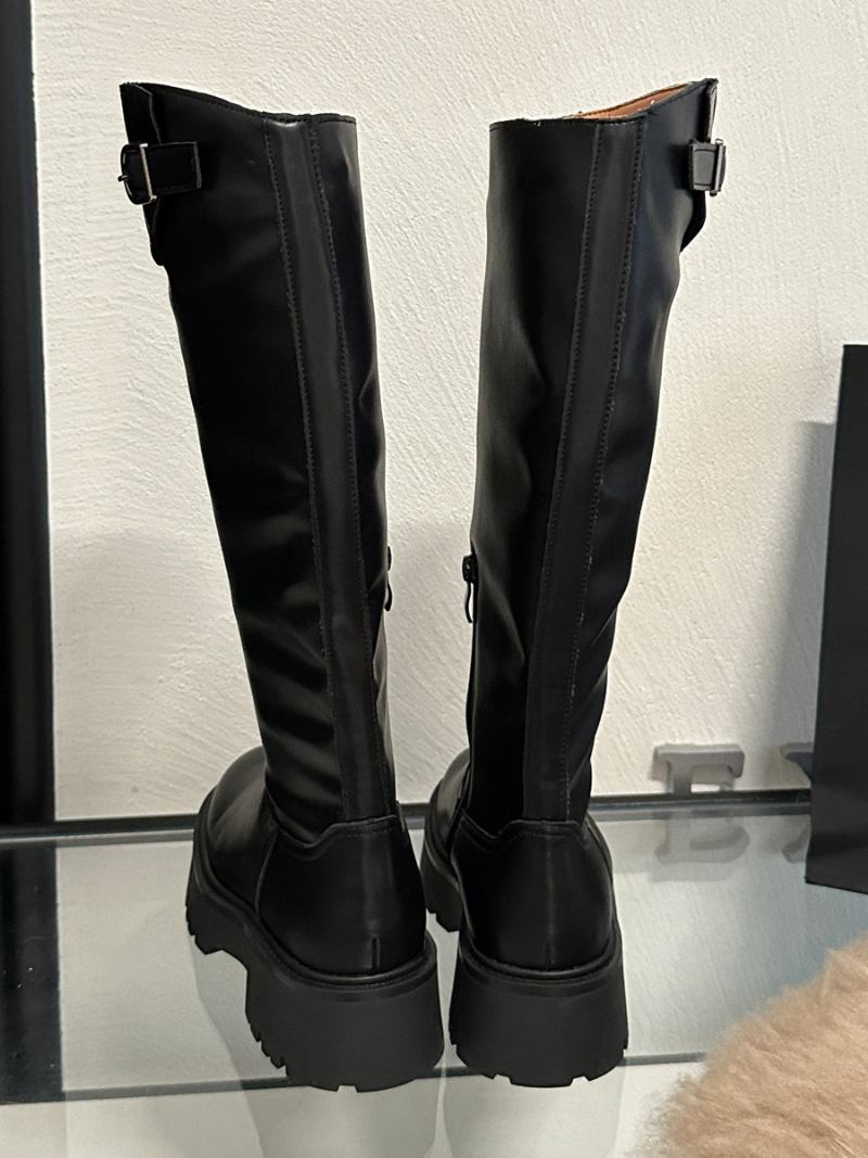 Botas Femininas Couro Pu Com Salto Grosso E Cano Alto - Preto